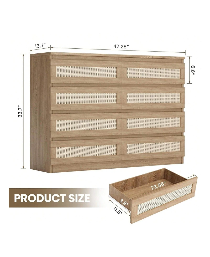 8 Drawer Double Dresser For Bedroom, Rattan Chest Of Dressers
