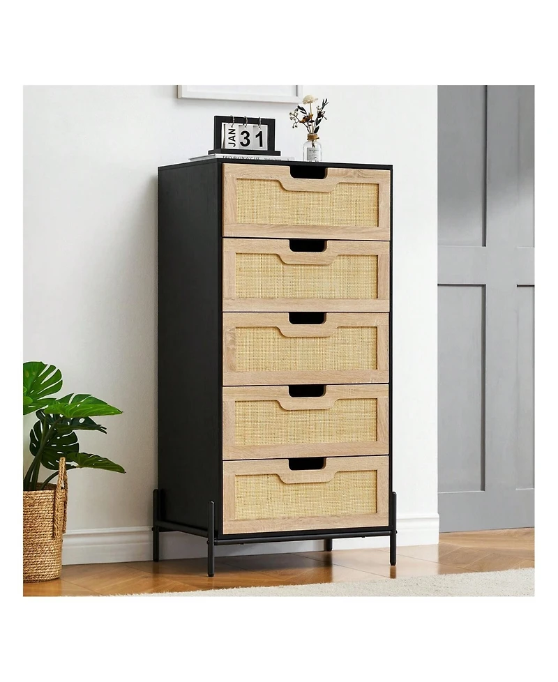 Modern Rattan 5 Drawers Dresser, Double Dresser For Bedroom, Chest Of Drawers Closet Organizers And Storage Clothes For Bedroom Living Room Hallway Of