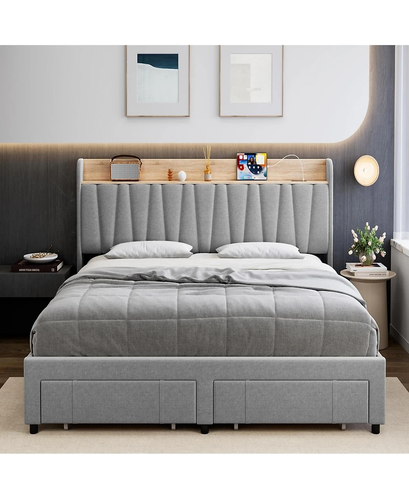 gaomon Full Size Bed Frame with 2 Storage Drawers, Upholstered Mattress Foundation with Storage Headboard and Charging Station