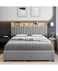 gaomon Full Size Bed Frame with 2 Storage Drawers, Upholstered Mattress Foundation with Storage Headboard and Charging Station