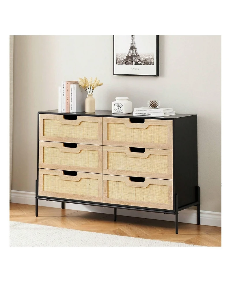 6 Drawers Dresser For Bedroom, Natural Rattan Drawer With Spacious Storage, Wood Chest Of Drawers With Metal Legs For Bedroom, Living Room, Hallway