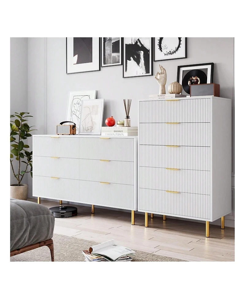 6 Drawer Dresser For Bedroom, 56" Wide Wood Dresser Organizer With Metal Legs, Modern Chest Of Drawers For Bedroom, Hallway