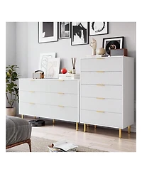 6 Drawer Dresser For Bedroom, 56" Wide Wood Dresser Organizer With Metal Legs, Modern Chest Of Drawers For Bedroom, Hallway