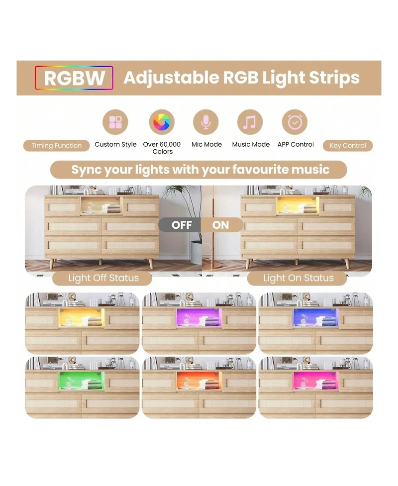 gaomon Natural Rattan Dresser For Bedroom With Led Light And Charging Station, 6 Drawer Double Dressers, Modern Wooden Dresser Chest, Beside Table For