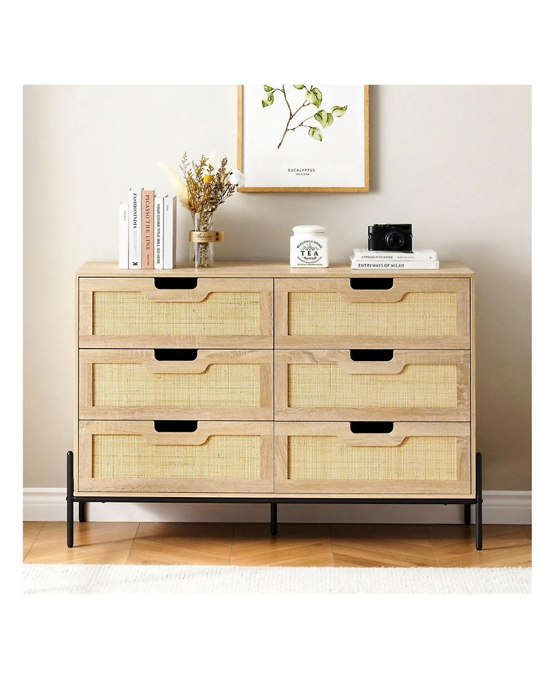 6 Drawers Dresser For Bedroom, Natural Rattan Drawer With Spacious Storage, Wood Chest Of Drawers With Metal Legs For Bedroom, Living Room, Hallway, E