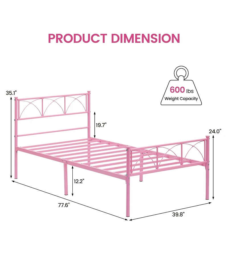 gaomon Metal Bed Frame Twin Pink, Sturdy Modern Stylish Iron Twin Bed Frame with Headboard and Footboard