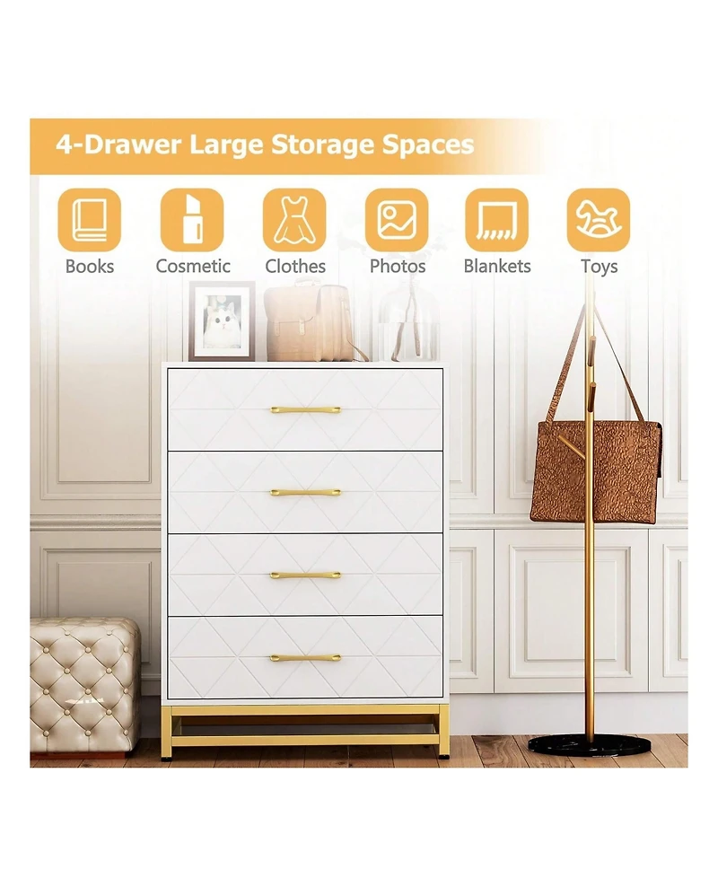 Dresser For Bedroom With 4 Drawers And Metal Handle,Chest Of Drawers, Sturdy Frame Modern Bedroom Furniture, Wood Dressers With Drawers