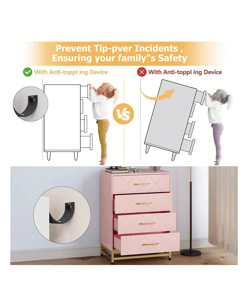 Dresser For Bedroom With 4 Drawers And Metal Handle,Chest Of Drawers, Sturdy Frame Modern Bedroom Furniture, Wood Dressers With Drawers