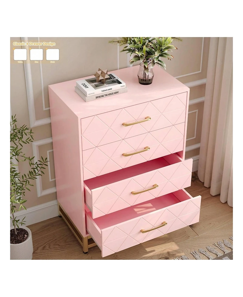 Dresser For Bedroom With 4 Drawers And Metal Handle,Chest Of Drawers, Sturdy Frame Modern Bedroom Furniture, Wood Dressers With Drawers