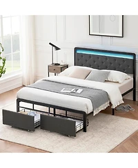gaomon Full Size Bed Frame with Led Lights Headboard, Upholstered Bed with Headboard and 2 Storage Drawers