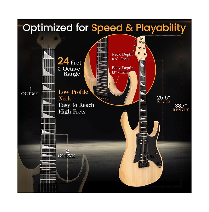 Pyle 38.7" Full Size Electric Guitar Kit - Includes Amplifier, Travel Bag, and Accessories, Natural Finish (PEGKT781N)