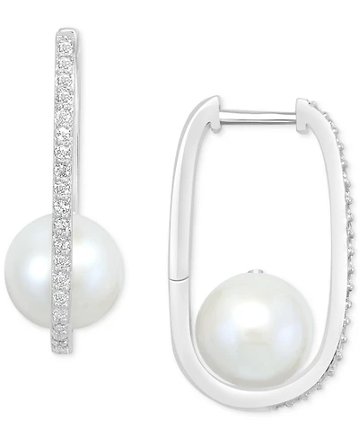 Effy Cultured Freshwater Pearl (8mm) & White Topaz (1/5 ct. t.w.) Oval Small Hoop Earrings in Sterling Silver