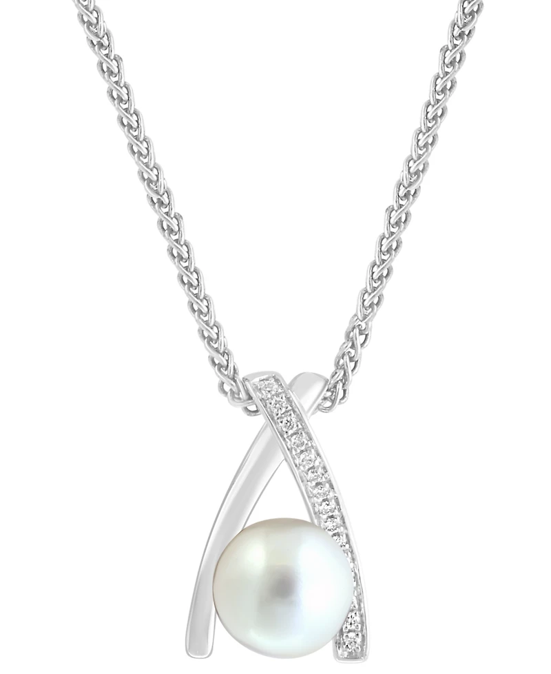 Effy Cultured Freshwater Pearl (8mm) & Diamond (1/20 ct. t.w.) Crisscross 18" Pendant Necklace in Sterling Silver