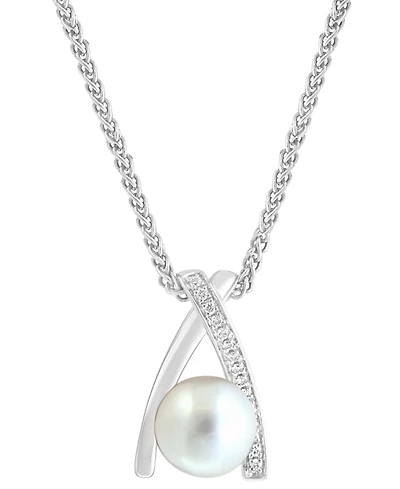 Effy Cultured Freshwater Pearl (8mm) & Diamond (1/20 ct. t.w.) Crisscross 18" Pendant Necklace in Sterling Silver
