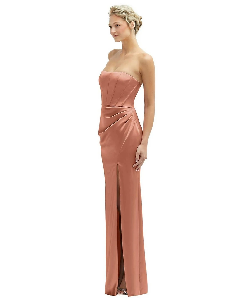 After Six Women's Strapless Topstitched Corset Satin Maxi Dress with Draped Column Skirt