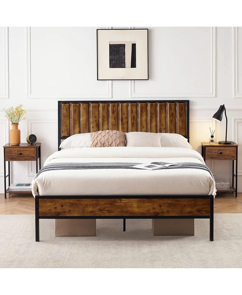 gaomon Full Size Bed Frame with Wood Headboard, Platform Metal Bed Frame Full with 14 Heavy Duty Steel Slats