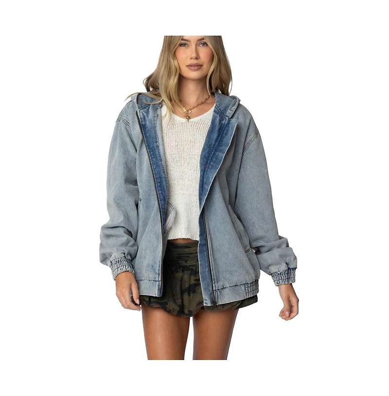 Edikted Womens Hooded Vintage Washed Denim Bomber Jacket