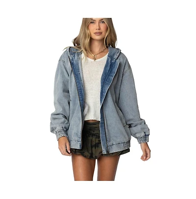 Edikted Womens Hooded Vintage Washed Denim Bomber Jacket