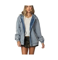 Edikted Womens Hooded Vintage Washed Denim Bomber Jacket