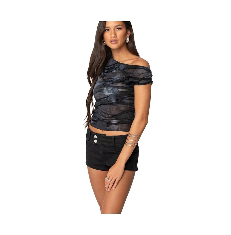 Edikted Womens Shredded Asymmetric Top