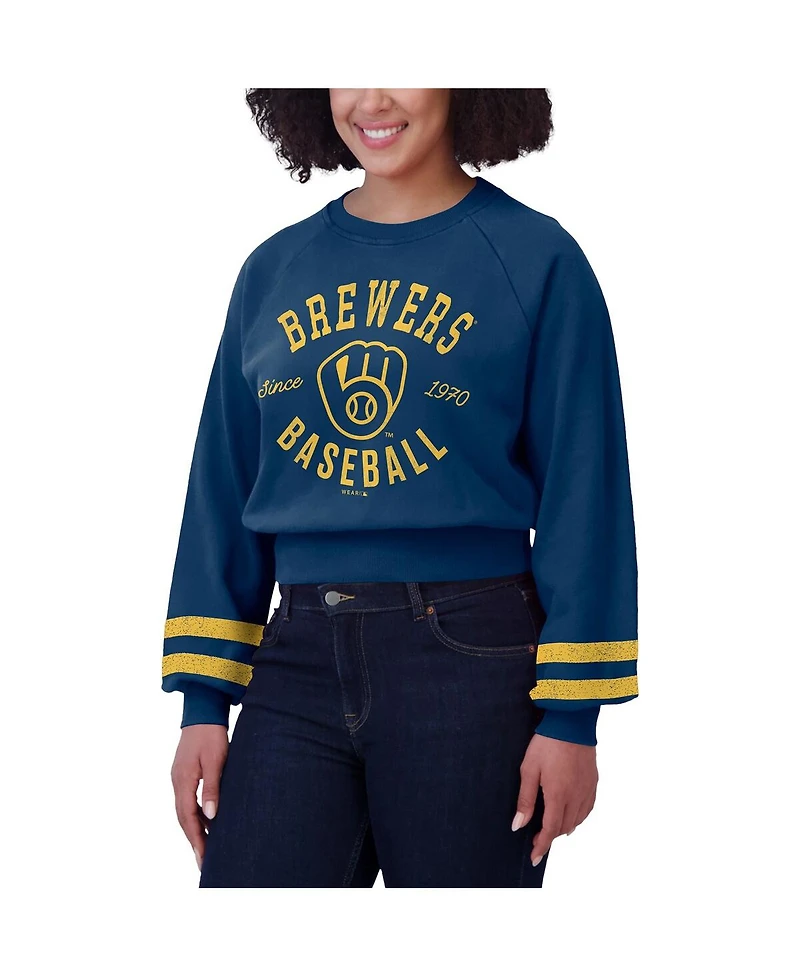 Wear by Erin Andrews Women's Navy Milwaukee Brewers Vintage Washed Cropped Pullover Sweatshirt