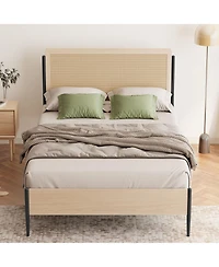 gaomon Full Bed Frame with Rattan Headboard, Platform Bed with Strong Metal Slat Support