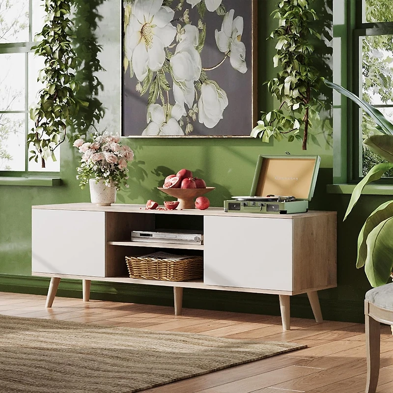 Wlive Tv Stand for 55 60 inch Boho Entertainment Center with Storage Cabinets Console Living Room Decor