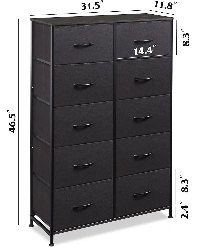 Wlive 10-Drawer Dresser Fabric Storage Tower for Bedroom Hallway Closets Tall Chest Organizer Unit with Textured Print Bins Steel Frame Wood To