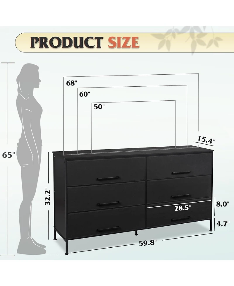 Wlive Wide Fabric Dresser 6 Drawer Tv Stand for 68" Dressers Bedroom Furniture Large Storage Tower Unit with Bins Bedroo