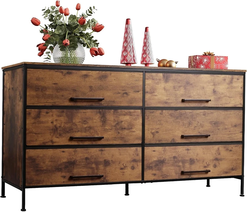Wlive Wide Fabric Dresser 6 Drawer Tv Stand for 68" Dressers Bedroom Furniture Large Storage Tower Unit with Bins Bedroo