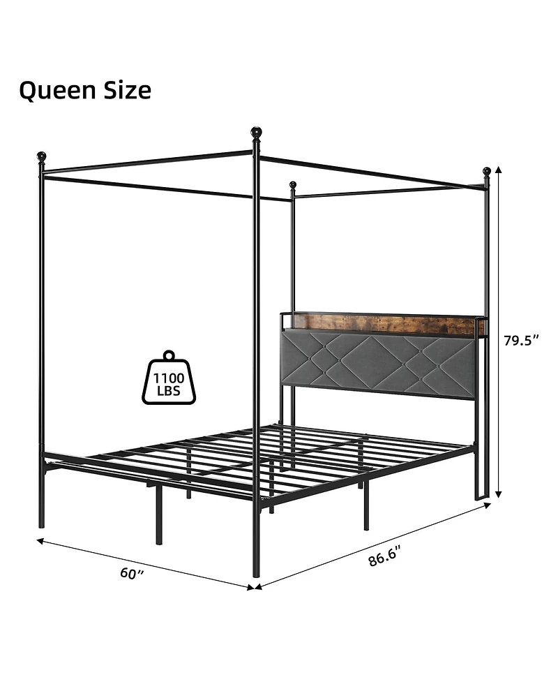 gaomon Bed Frame, Metal Canopy Platform Bed Frame with with Linen Storage Headboard Usb Ports & Outlet