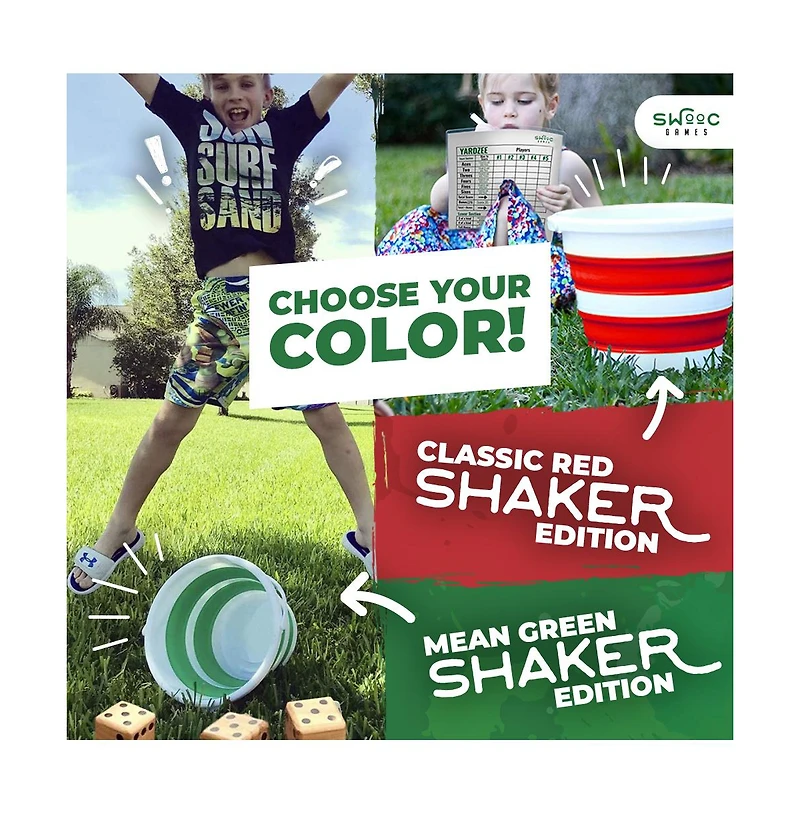 Swooc Games - Yardzee, Farkle & 20+ Classic Red Shaker Edition (All Weather) with Collapsible Bucket, Lid Score Cards