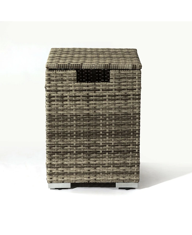 Streamdale Beige Rattan Fire Pit Table with Tank Holder and Ceramic Tile Tabletop