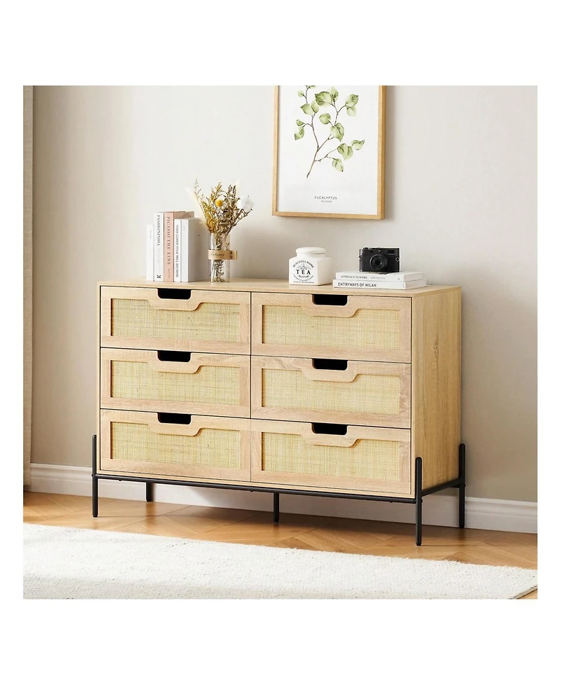 6 Drawers Dresser For Bedroom, Natural Rattan Drawer With Spacious Storage, Wood Chest Of Drawers With Metal Legs For Bedroom, Living Room, Hallway