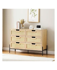 6 Drawers Dresser For Bedroom, Natural Rattan Drawer With Spacious Storage, Wood Chest Of Drawers With Metal Legs For Bedroom, Living Room, Hallway