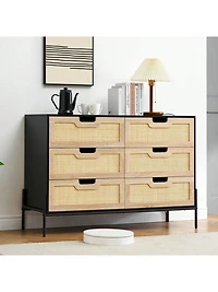 6 Drawers Dresser For Bedroom, Natural Rattan Drawer With Spacious Storage, Wood Chest Of Drawers With Metal Legs For Bedroom, Living Room, Hallway