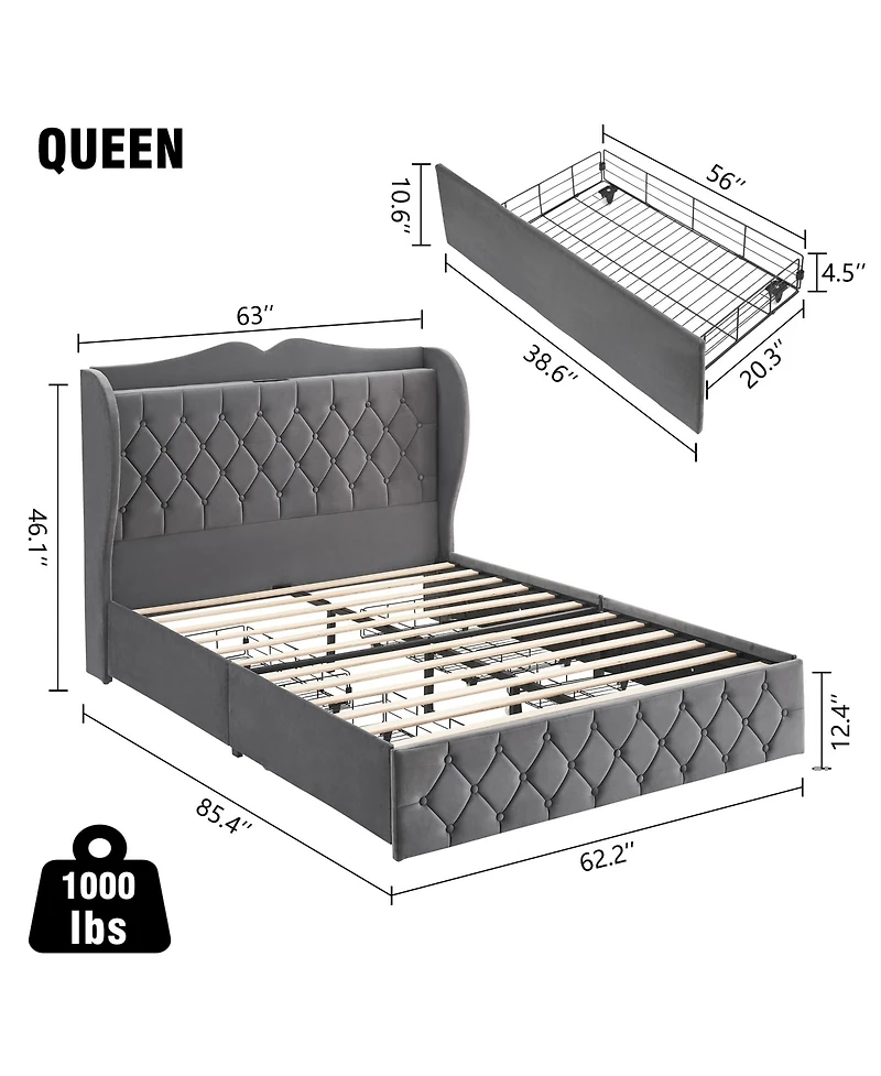 gaomon Queen Size Grey Velvet Bed Frame with 4 Convenient Storage Drawers