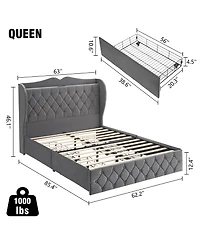 gaomon Queen Size Grey Velvet Bed Frame with 4 Convenient Storage Drawers