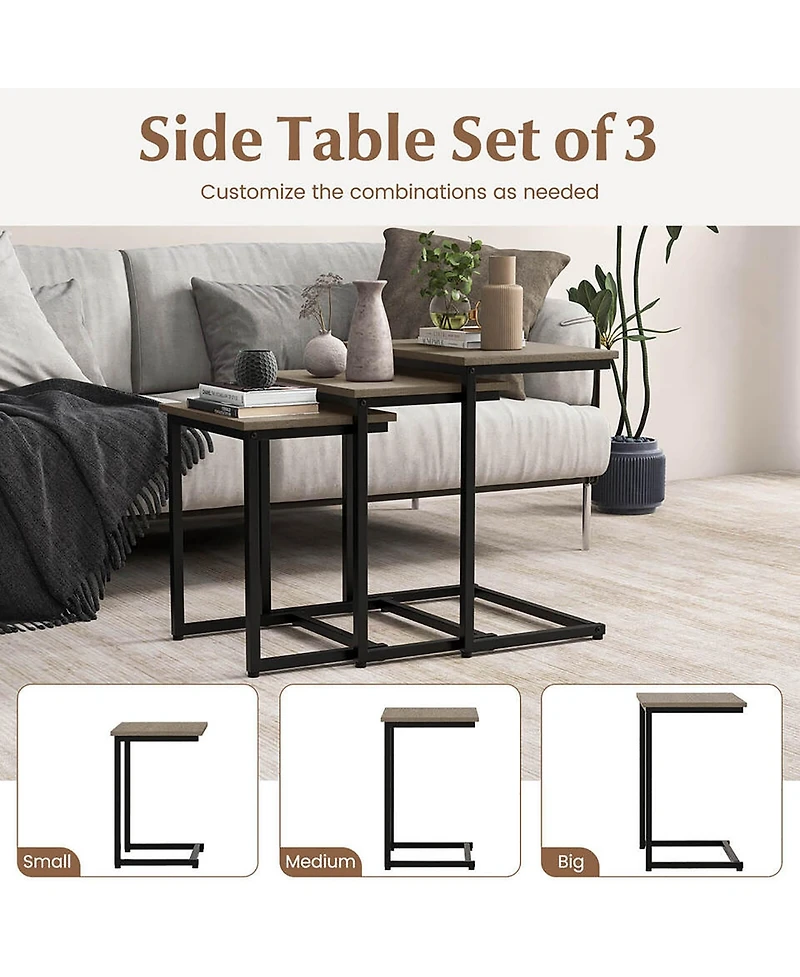 Gymax 3 Pcs Nesting Coffee End Table Set Stacking Side Nightstand Living Room Rustic