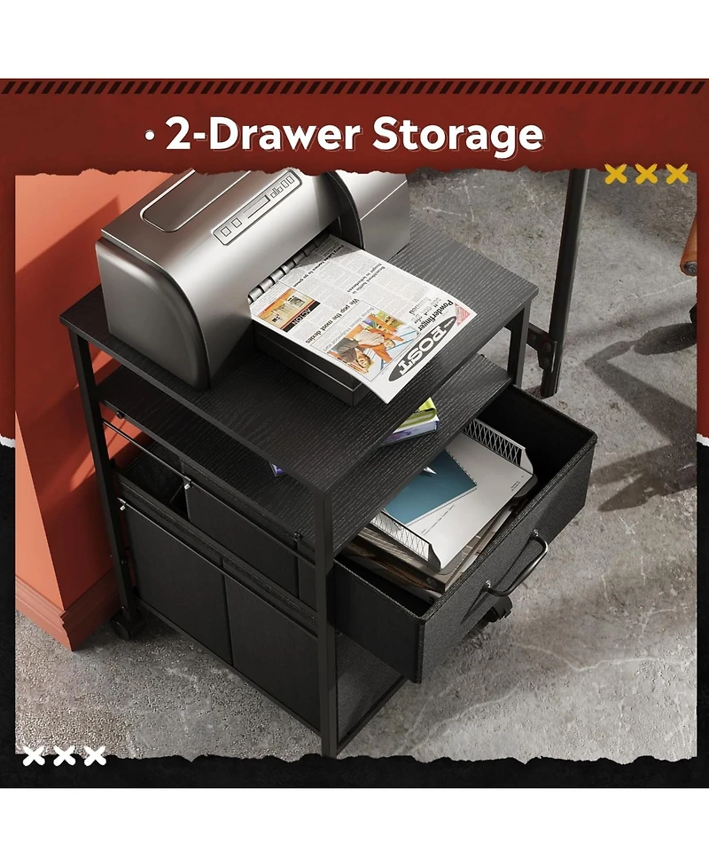 2 Drawer Mobile File Cabinet, Rolling Printer Stand with Open Storage Shelf, Fabric Vertical Filing Cabinet fits A4 or Letter Size for Home Office