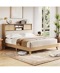 gaomon Rattan King Bed Frame with Sliding Door Shelf Headboard, Bohemian Rattan Bed Frame King Size with Shelves