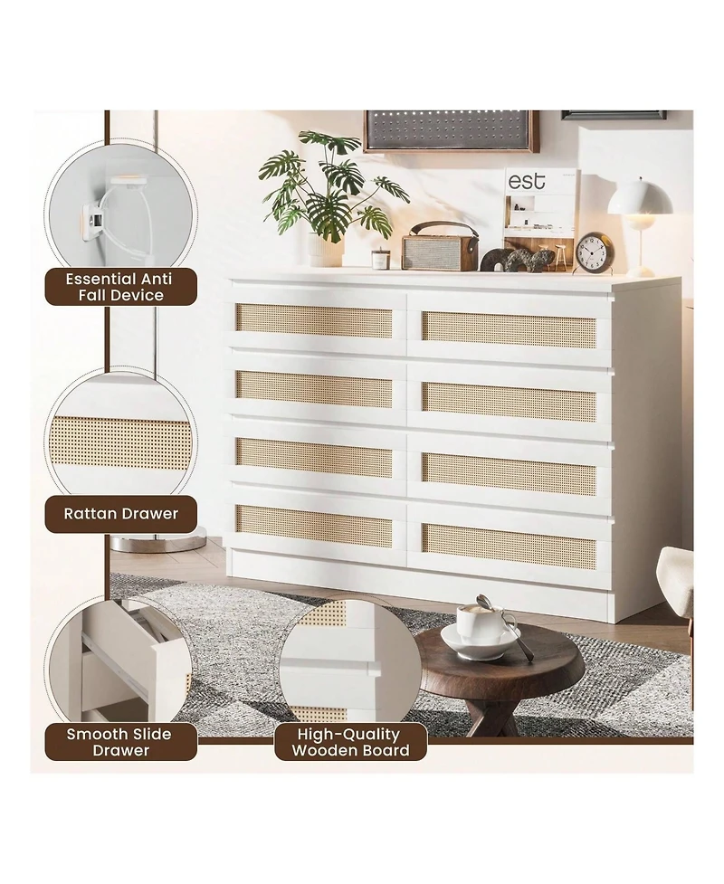 8 Drawer Double Dresser For Bedroom, Rattan Chest Of Dressers, Modern Wooden Dresser Chest