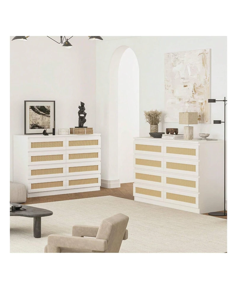 8 Drawer Double Dresser For Bedroom, Rattan Chest Of Dressers, Modern Wooden Dresser Chest