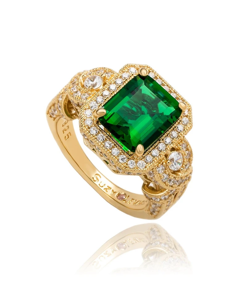 Suzy Levian Yellow Sterling Silver Emerald-Cut and White Cubic Zirconia Pave Ring