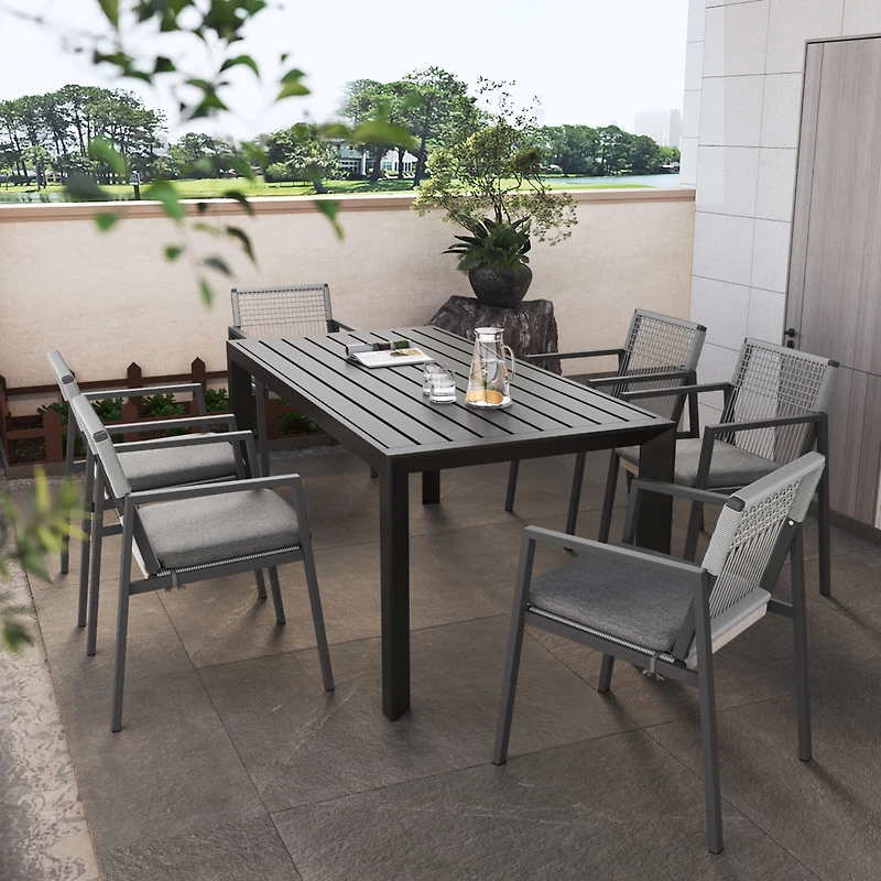 Streamdale Furniture Outdoor Dining Set, Aluminum Dining Chair Set of 6 with Rope + Aluminum Dining Table, Gray+Black