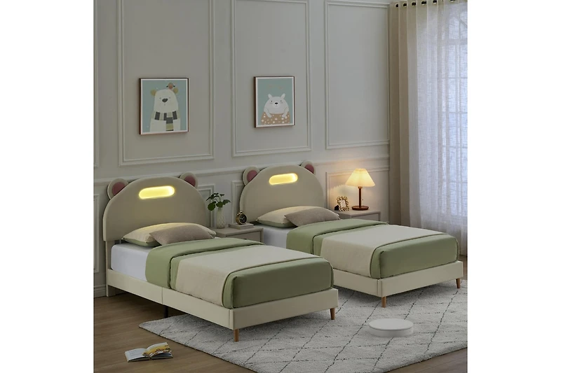 gaomon Led Twin Bed Frame with Light Pink Upholstered Adjustable Headboard, Velvet Platform, Wooden Slat Support, Noise-Free Construction, No Box Spri