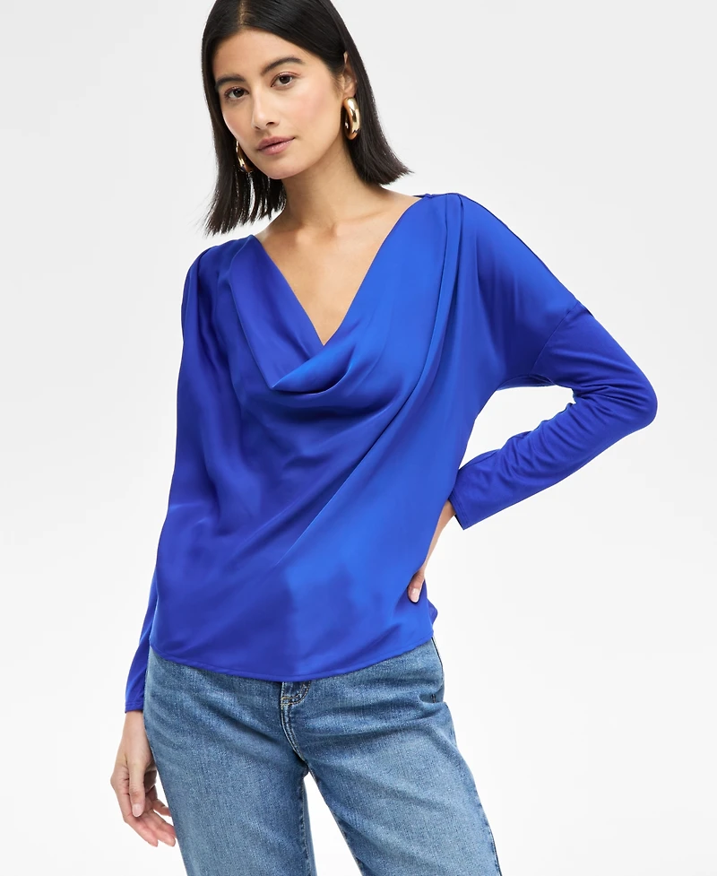 I.n.c. International Concepts Women's Satin-Front Cowl-Neck Top, Exclusively at Macy's