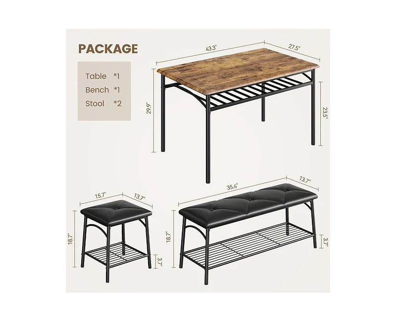 gaomon Dining Table with Benches, Kitchen Set for 4, Room Upholstered Bench and Square Stools, Metal Wood