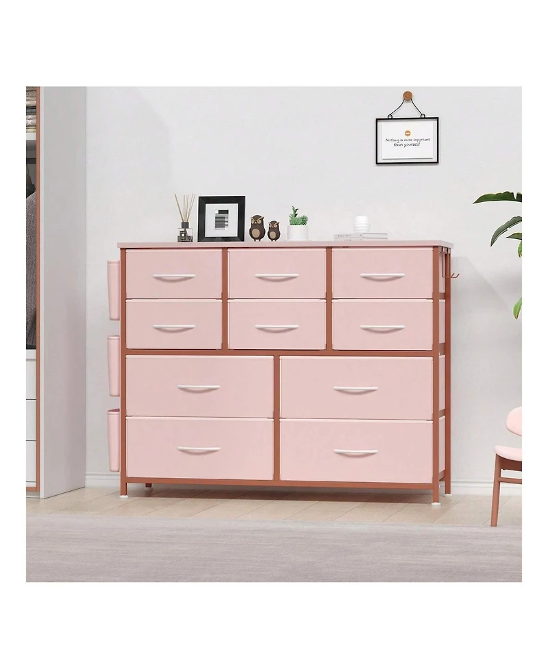 Dresser For Bedroom, 10 Drawers Fabric Storage Drawer, Dressers & Chest Of Drawers With Side Pockets, Hooks, Wood Tabletop For Closet, Living Room, Ha