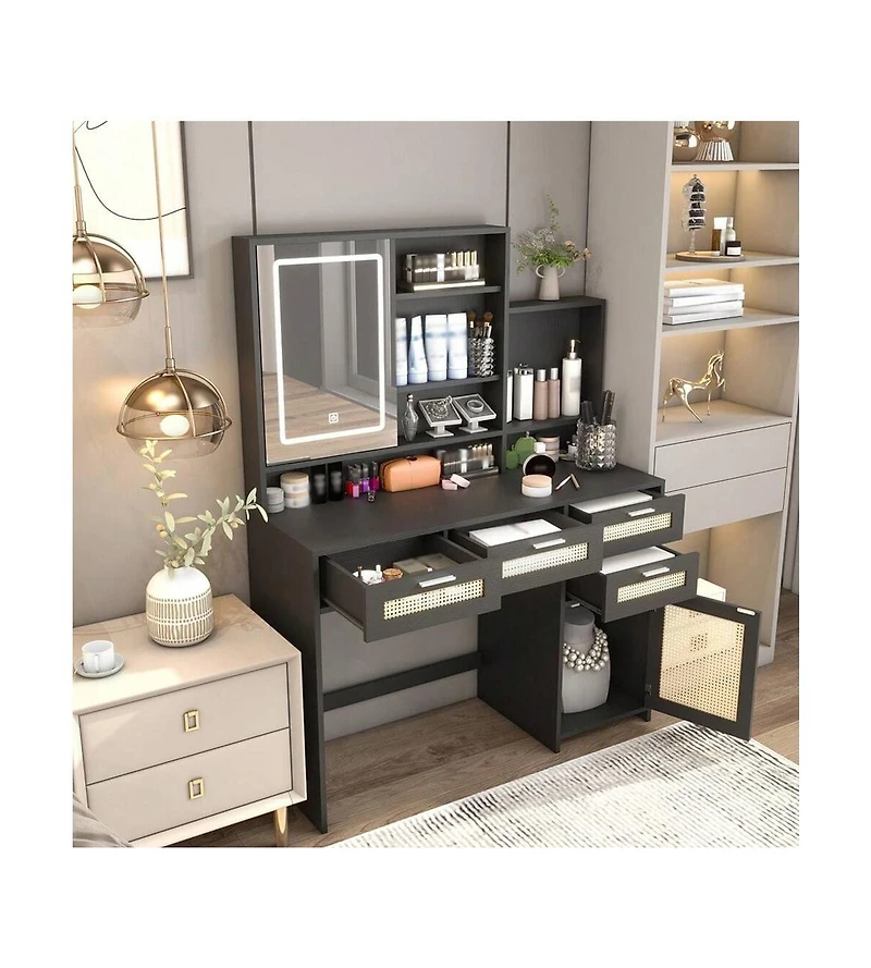 gaomon Makeup Vanity With Lights 3 Colors And Openable Mirror, Desk 4 Drawers, 1 Cabinets Shelves, Table Rattan Dress